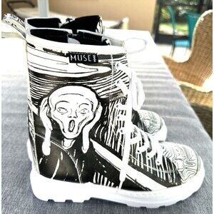 NWT Dogo Muse Womens Long Boots Sz 6.5 Edward Munch Gisele Scream Black White
